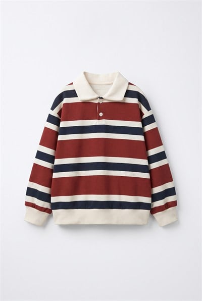 Çocuk Pamuklu Bordo Lacivert Çizgili Polo Yaka Sweatshirt