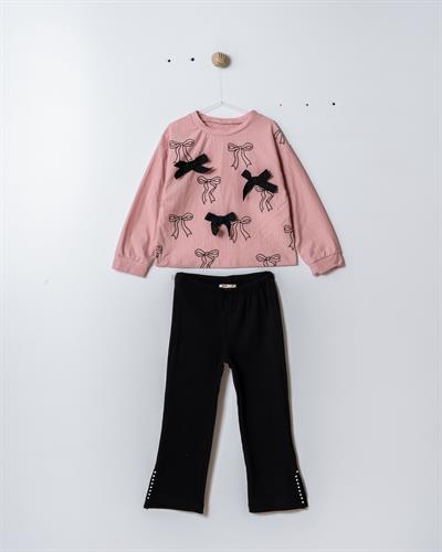 Kız Çocuk Pamuklu Pembe Fiyonk Desenli T-shirt ve Siyah İnci Düğme Detaylı Pantolon Takım