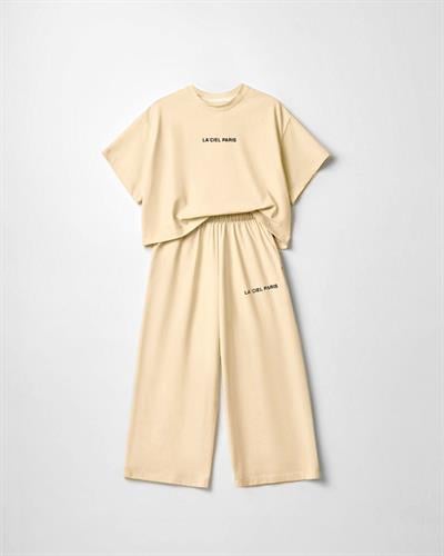 Kız Çocuk Pamuklu Bej Baskılı T-Shirt Pantolon Takım - Bol Kesim Rahat Set