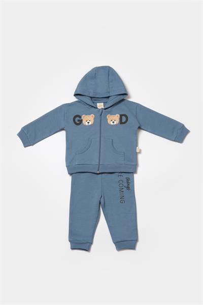 Bebek Pamuklu Mavi Kapüşonlu Ayıcık Baskılı Eşofman Takımı - İki Parça