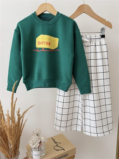 Çocuk Butter Baskılı Yeşil Sweatshirt ve Ekru Kareli Eşofman Takım