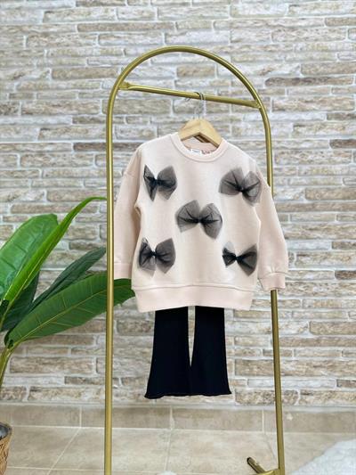 Fiyonk Desenli Pamuklu Sweatshirt Tayt Set Alt-Üst Takım Kız Çocuk