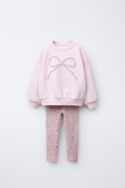 Kız Çocuk Pamuklu Pembe Fiyonk Desenli Sweatshirt ve Çiçek Desenli Tayt Takım