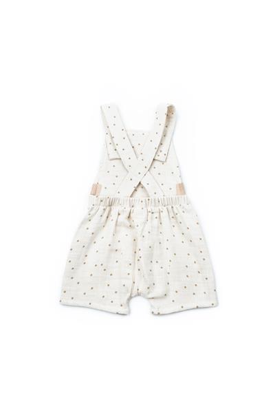 Erkek Bebek Müslin Ekru Noktalı Askılı Tulum ve Kulaklı Şapka Takımı