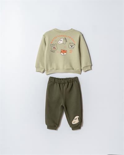 Erkek Çocuk Pamuklu Yeşil Sweatshirt ve Köpek Nakışlı Eşofman Altı İkili Takım