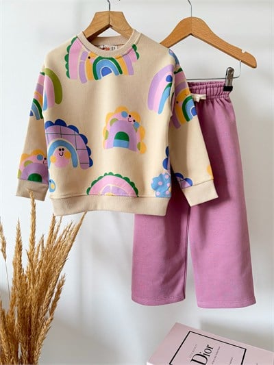 Kız Çocuk Pamuklu Gökkuşağı Baskılı Bej Sweatshirt ve Eşofman Takımı