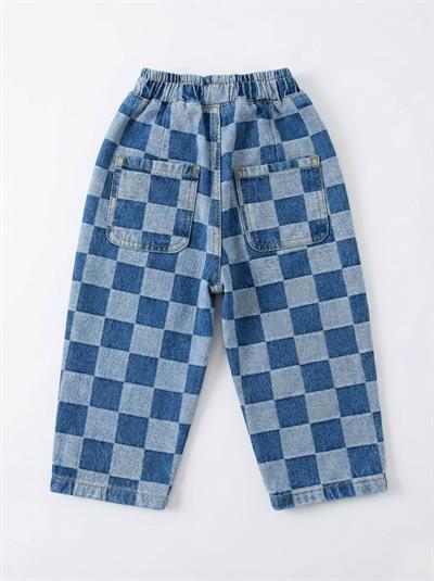 Erkek Çocuk Kare Desenli Mavi Denim Pantolon