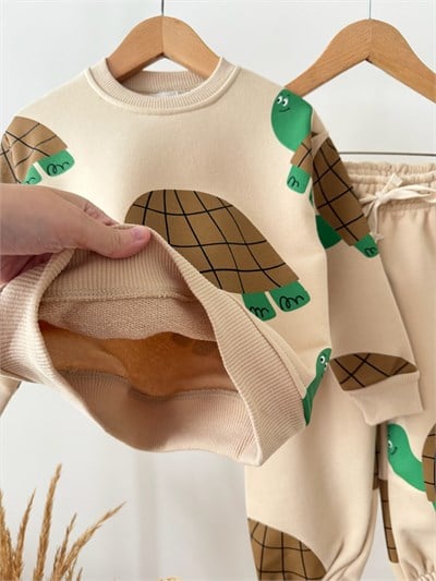 Çocuk Oversize Kaplumbağa Desenli Bej Sweatshirt ve Eşofman Altı Takımı