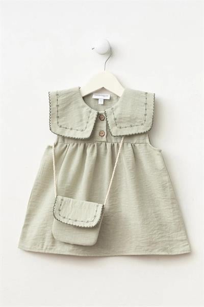 Kız Çocuk Pamuklu Nakışlı Çantalı Elbise 