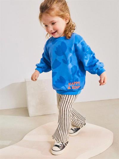 Kız Çocuk Pamuklu Mavi Çiçek Desenli Sweatshirt Çizgili Pantolon Takım