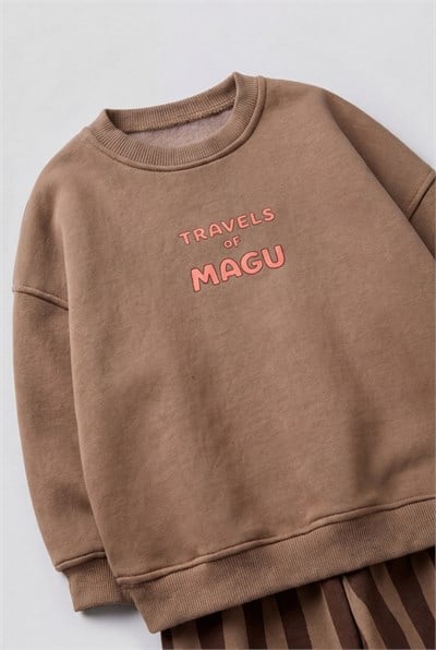 Çocuk Pamuklu Magu And Travel Desenli Kahverengi Sweatshirt ve Çizgili Eşofman Takımı