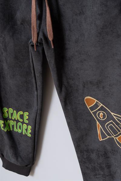 Erkek Çocuk Pamuklu Füme Space Temalı Eşofman Takım - Gezegen ve Roket Baskılı