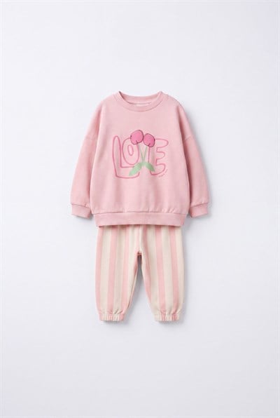 Kız Çocuk Pamuklu Kiraz Baskılı Pembe Sweatshirt ve Çizgili Pantolon Takımı