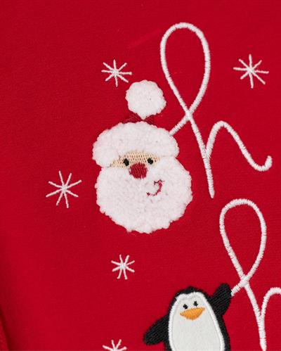 Unisex Bebek Pamuklu Kırmızı Noel Tulum - Santa, Penguen ve Geyik Nakışlı
