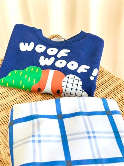 Çocuk Pamuklu Köpek Baskılı Mavi Sweatshirt ve Eşofman Takımı
