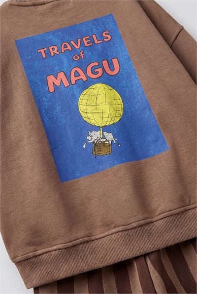 Çocuk Pamuklu Magu And Travel Desenli Kahverengi Sweatshirt ve Çizgili Eşofman Takımı