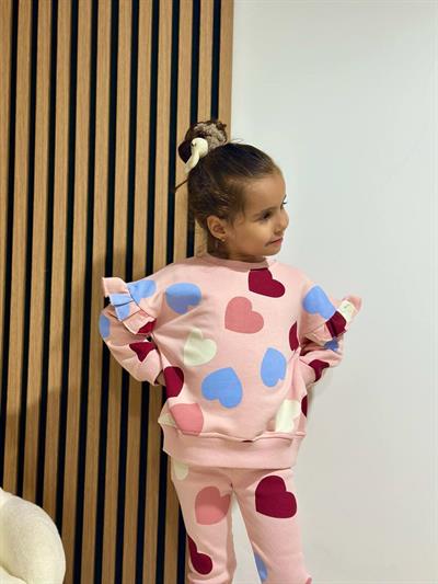 Kız Çocuk Pamuklu Pudra Kalpli Sweatshirt ve Tayt Takım - Fırfır Omuz Detaylı