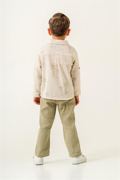 Erkek Çocuk Ekru Palmiye Desenli Gömlek ve Haki Keten Pantolon Takımı
