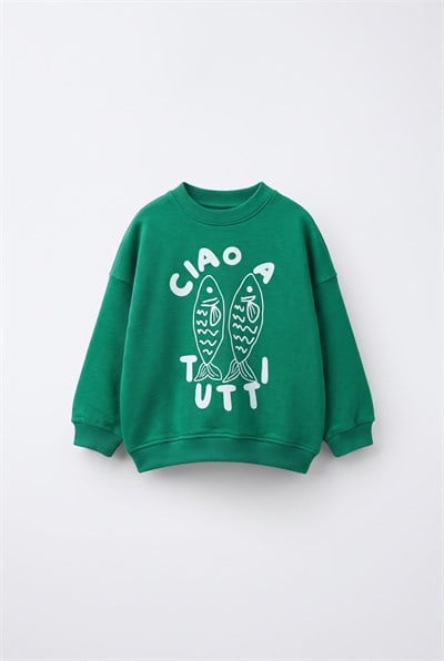 Çocuk Pamuklu Balık Baskılı Yeşil Sweatshirt