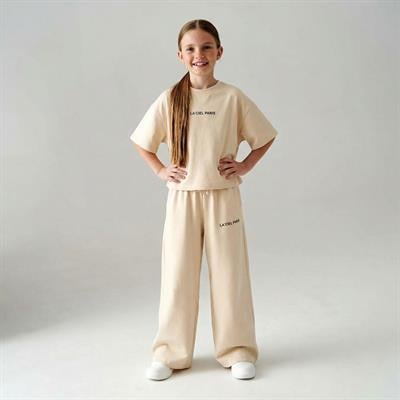 Kız Çocuk Pamuklu Bej Baskılı T-Shirt Pantolon Takım - Bol Kesim Rahat Set