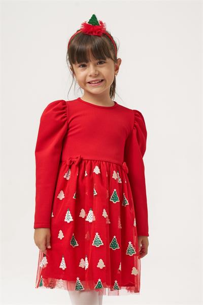 Kız Çocuk Pamuklu Kırmızı Noel Ağacı Desenli Tüllü Elbise - Balon Kollu Yılbaşı Elbisesi