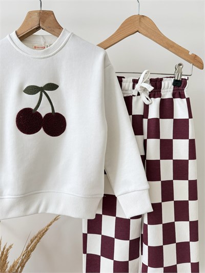 Kız Çocuk Kiraz Nakışlı Ekru Sweatshirt ve Dama Desenli Eşofman Takımı