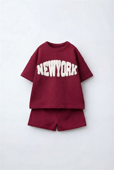 Çocuk Pamuklu Bordo New York Yazı Aplikeli T-shirt Şort Takım