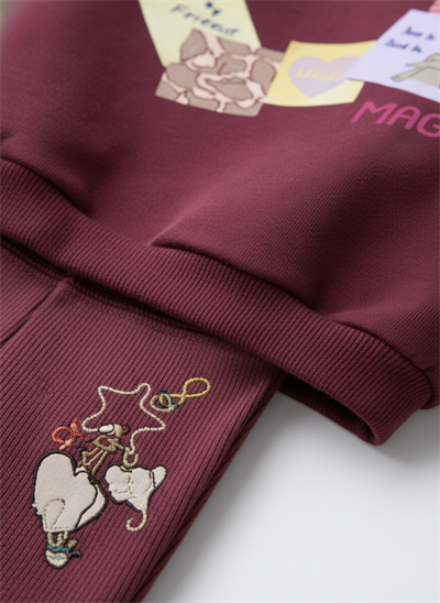 Kız Çocuk Pamuklu Bordo Kalpli Magu Baskılı Sweatshirt Eşofman Takım