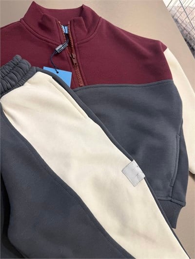 Çocuk Pamuklu Fermuarlı Renk Bloklu Sweatshirt ve Eşofman Altı Takımı