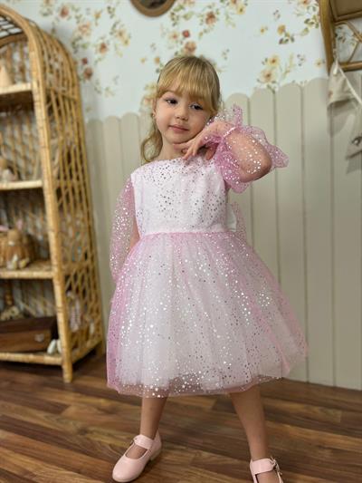 Kız Çocuk Pamuklu Pembe Parıltılı Parti ve Özel Gün Elbisesi – Rahat Astarlı Tasarım