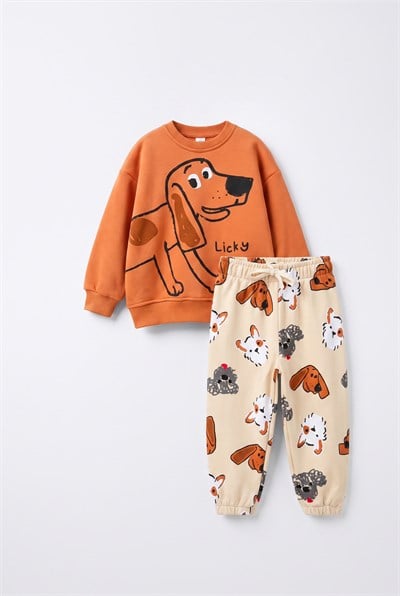 Çocuk Pamuklu Köpek Baskılı Turuncu Sweatshirt ve Desenli Eşofman Altı Takımı