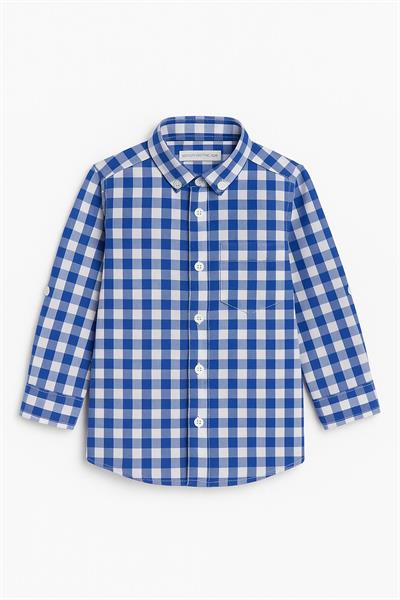 Erkek Çocuk Mavi Beyaz Kareli Uzun Kollu Pamuklu Gömlek – Cepli Düğmeli