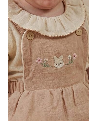 Kız Bebek Pamuklu Bej Tavşan Nakışlı Elbise