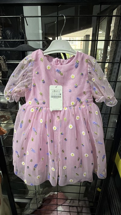 Kız Çocuk Pamuklu Pembe Çiçek Nakışlı Tül Elbise