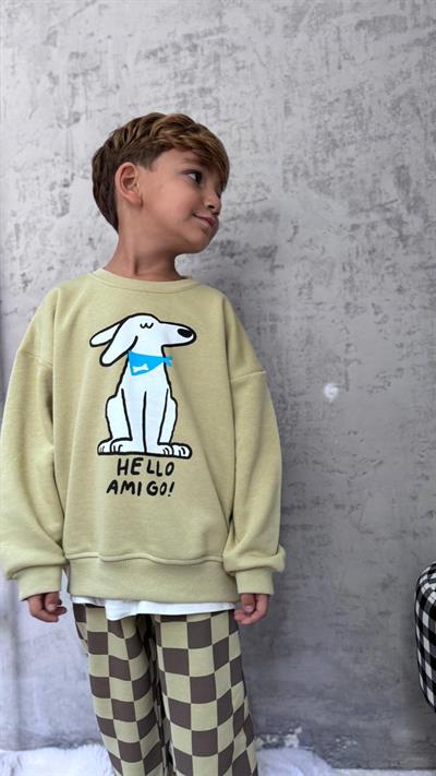 Erkek Çocuk Pamuklu Haki Köpek Baskılı Sweatshirt ve Kare Desenli Eşofman Takımı