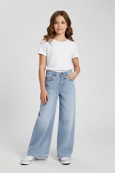 Kız Çocuk Pamuklu Açık Mavi Geniş Paça Jean Pantolon