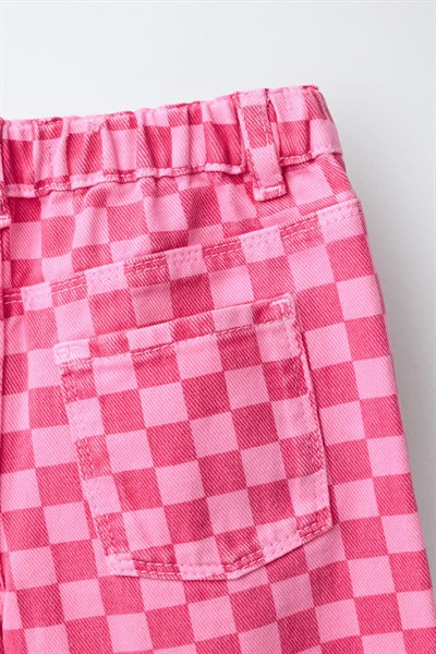 Kız Çocuk Pamuklu Pembe Kare Desenli Pantolon