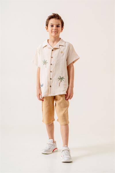 Erkek Çocuk Pamuklu Müslin Palmiye Nakışlı Gömlek ve Karamel Şort İkili Takım