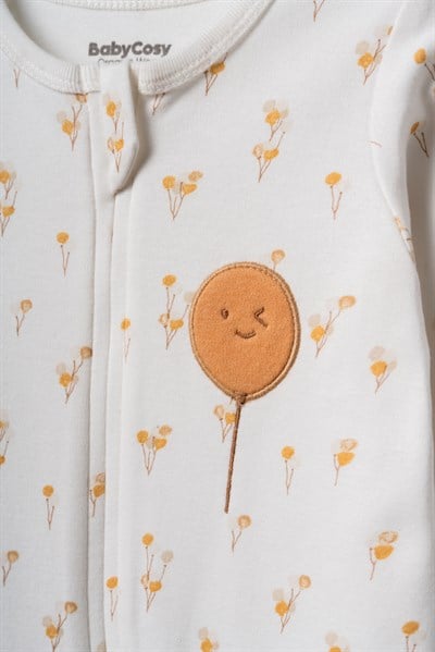Unisex Bebek Pamuklu Ekru Uzun Kollu Tulum - Balon Desenli