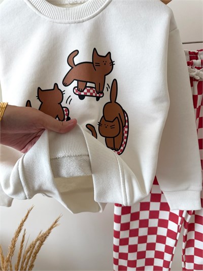 Kız Çocuk Kedi Baskılı Ekru Sweatshirt ve Kırmızı Dama Desenli Eşofman Takımı