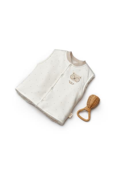 Organik Pamuklu Bebek Peluş Astarlı Gözlüklü Ayıcık Desenli Kolsuz Yelek 