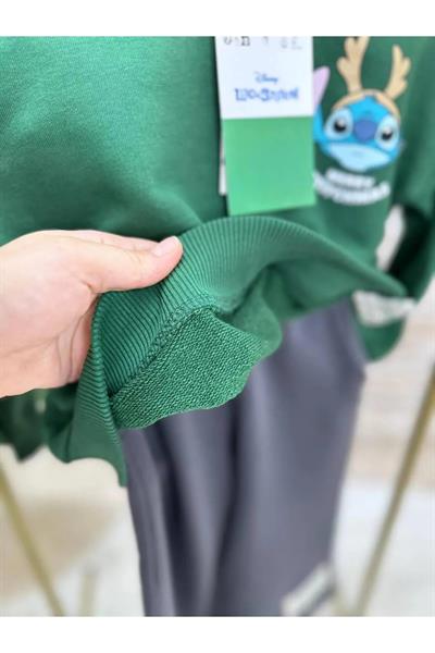Stitch Baskılı Kız/Erkek Çocuk Oversize Sweatshirt ve Eşofman Takımı - Yeşil