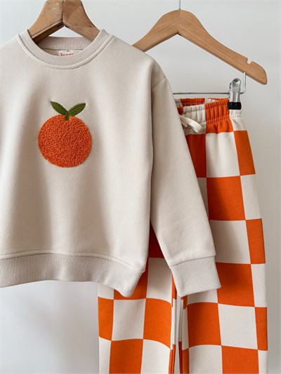 Çocuk Portakal Nakışlı Ekru Sweatshirt ve Turuncu Dama Eşofman Takımı