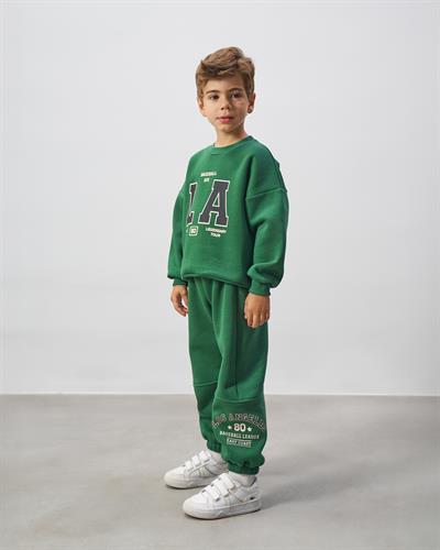 Erkek Çocuk Pamuklu Yeşil LA Baskılı Sweatshirt Eşofman Takımı - Rahat Günlük Stil