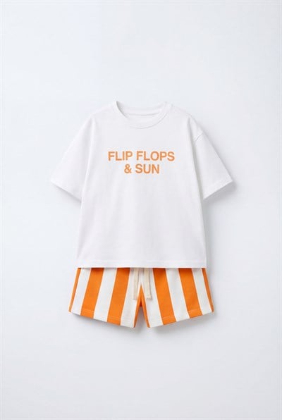 Erkek Çocuk Pamuklu Beyaz Slogan Baskılı T-Shirt Şort Takım