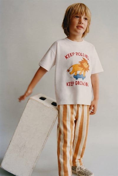 Erkek Çocuk Pamuklu Beyaz Aslan Baskılı T-Shirt Takım - Çizgili Eşofman 2li Set