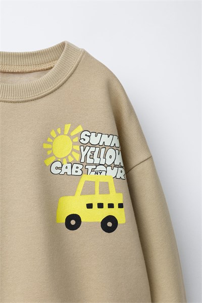Çocuk Baskılı Bej Sweatshirt ve Dama Desenli Eşofman Altı Takımı