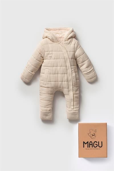 Unisex Bebek Organik Pamuklu Ekru Kapitone Kışlık Tulum - Kapüşonlu