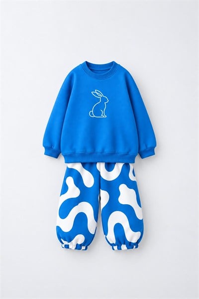 Çocuk Pamuklu Tavşan Baskılı Mavi Sweatshirt ve Desenli Eşofman Altı Takımı