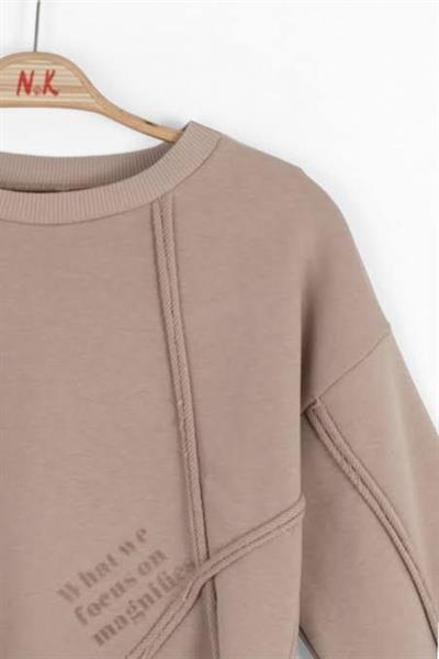 Kız Çocuk Pamuklu Bej Dikiş Detaylı Crop Sweatshirt
